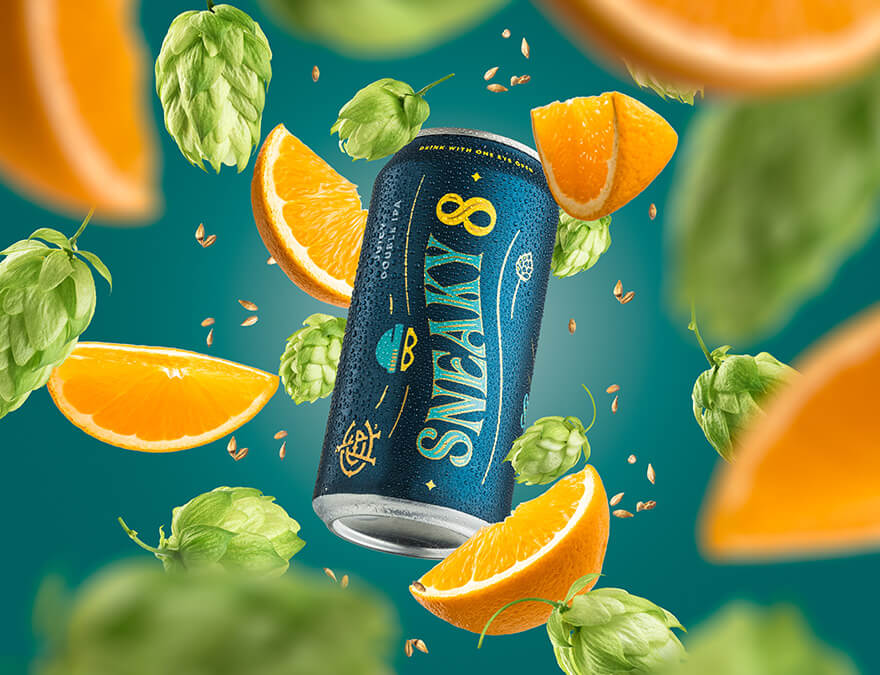 Sneaky 8 can, floating with orange chunks and malt cereals